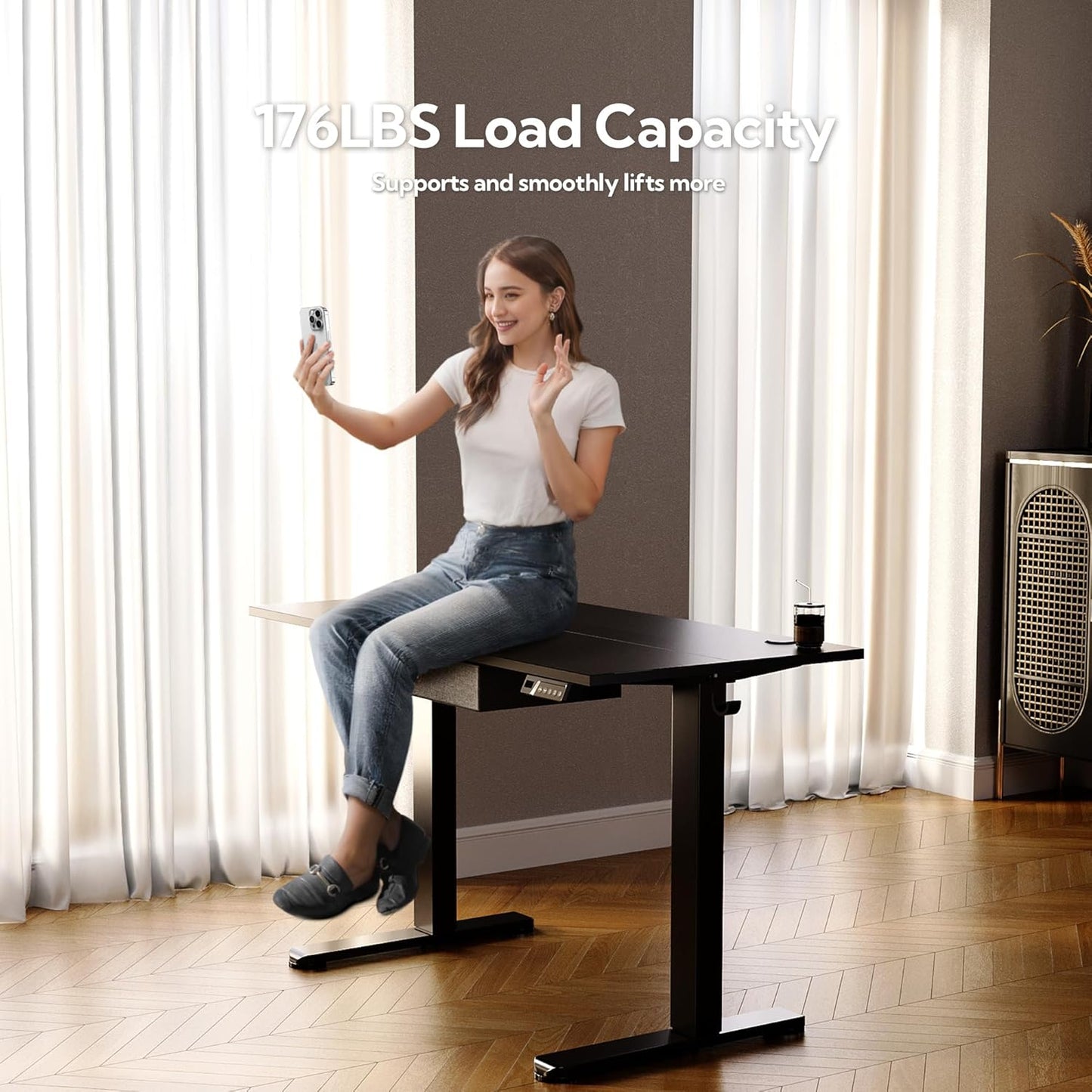 Seang Standing Desk with Drawer, 40" x 24" Height Adjustable Stand Up Desk, 3 Memory Height Settings with Cable Grommets & Storage Hooks, Ideal for Home & Office, Black