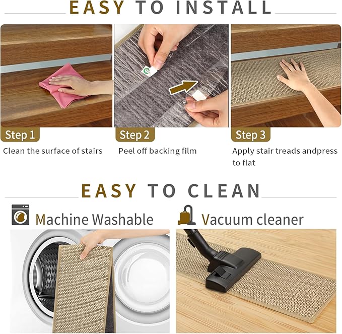Stair Treads Non Slip for Wooden Steps Indoor 15 Pack 8" X 30" Carpet Stairs Runner for Wood Stairs, Stair Tread Rugs with Reusable Adhesive for Dogs Kids and Elders, Machine Washable, Beige