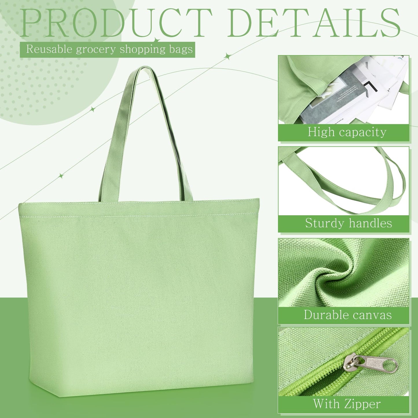 Epakh Canvas Tote Bag with Zipper - Bulk Reusable Large Blank Cotton Grocery Shopping Tote for Women Men DIY Crafting(16.5 x 3.9 x 13.4 Inch,Green Series Colors,8 Pack)