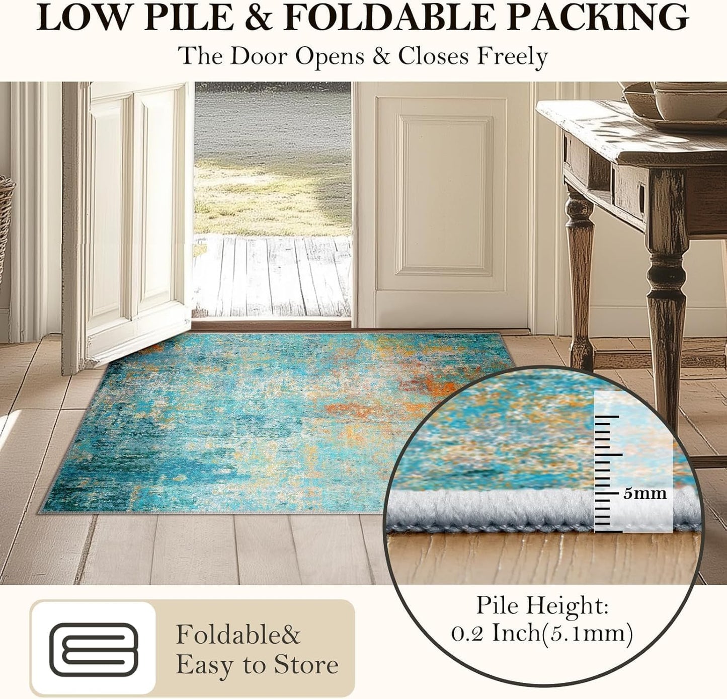 Washable Area Rugs 3'x5' Non-Slip Modern Abstract Soft for Living Room Entryway Bedroom Nursery, Print Pattern, Teal Blue Green Orange Rust Red Colorful