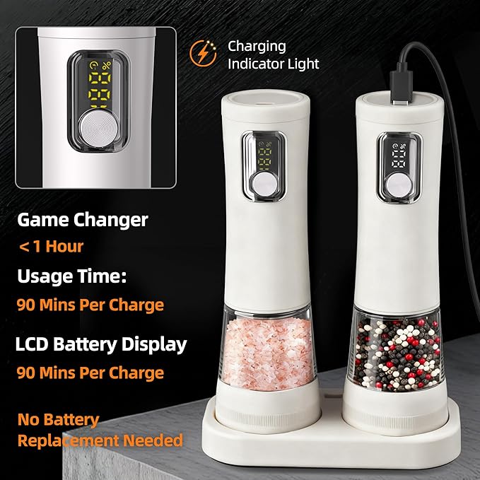 Electric Salt and Pepper Grinder, Rechargeable Automatic Pepper Mill with Base,5-Level Adjustable Coarseness, Display, LED Lighting, Large Capacity-Ideal for Kitchen, BBQ Gifts (1, White-A)