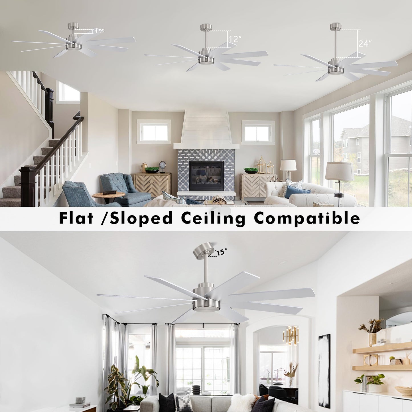 WINGBO 60" Large DC Ceiling Fans without Lights, 3 Downrods, 8 Plywood Blades, 6-Speeds Reversible DC Motor, Indoor Ceiling Fan No Lights for Bedroom Living Room Patio, Brushed Nickel and Silver