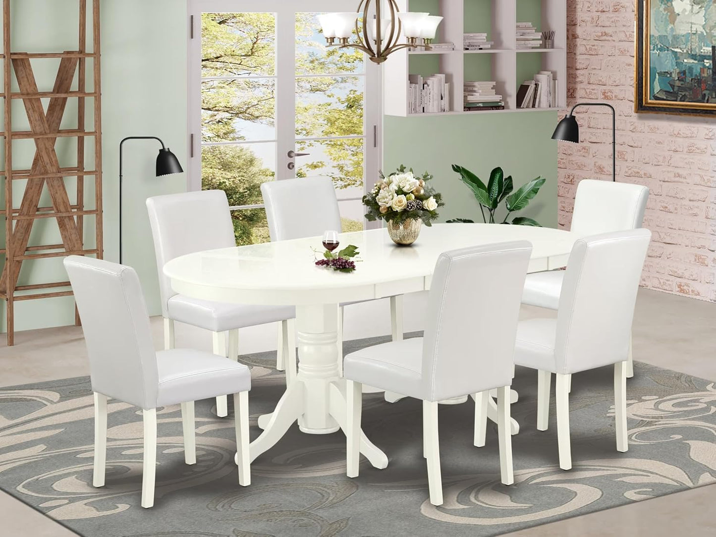 East West Furniture VAAB7-LWH-64 7 Piece Dinette Set Consist of an Oval Dining Room Table with Butterfly Leaf and 6 White Faux Leather Upholstered Chairs, 40x76 Inch, Linen White
