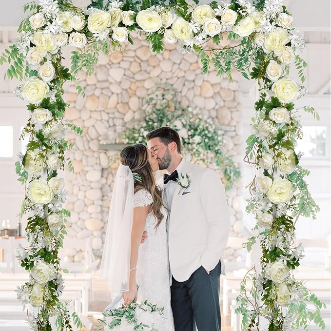 DearHouse 2Pack Artificial Peony Flower Garland - Silk Peony Garland with White Flowers for Wedding Party Table Decoration,6ft/Strand