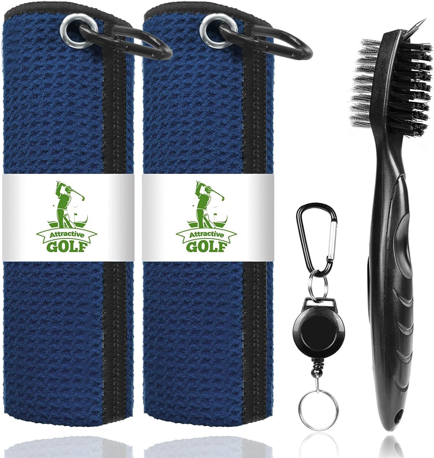 ATTRACTIVE Golf Towels, Microfiber Waffle Pattern Towels - Golf Club Brush with Cleaning (Navy Blue)