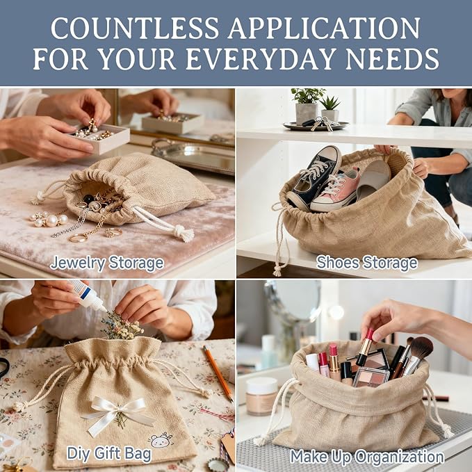 Simple&Opulence 12-Pack 8” x 10” Linen Cotton Drawstring Bags Reusable Grocery Sacks, DIY Craft Sachet Sacks Storage Cloth Bags for Party Wedding Home Bulk Produce Bags, Washable, Natual Linen