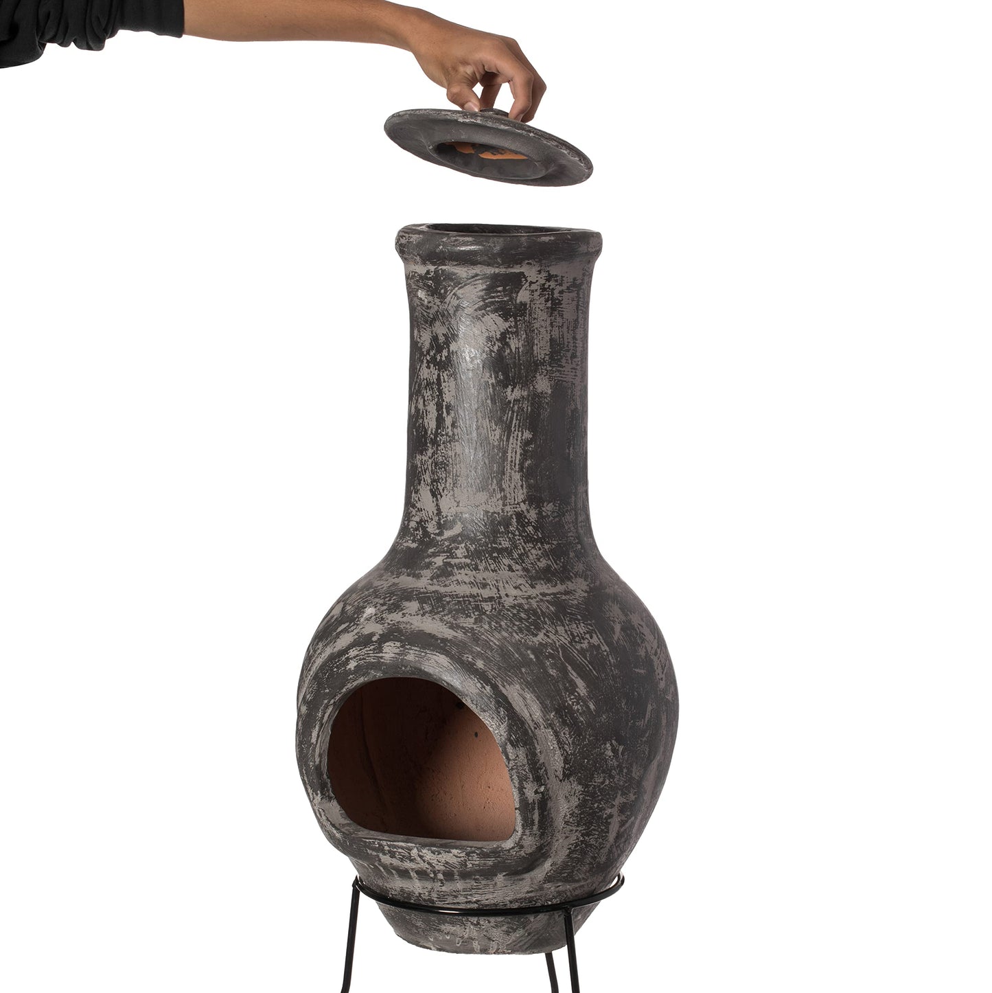 Gray Outdoor Clay Chiminea Fireplace Stoney Scribbled Design Charcoal Burning Fire Pit with Sturdy Metal Stand, Barbecue, Cocktail Party, Family Gathering, Cozy Nights Fire Pit