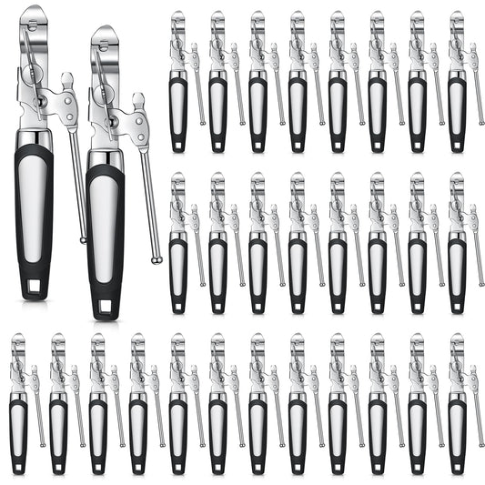 Gisafai 30 Pcs Can Opener Manual Bulk Smooth Edge with Sharp Blade and Soft Non Slip Grip Handle Heavy Duty Handheld Safety Can Opener, Black and Silver