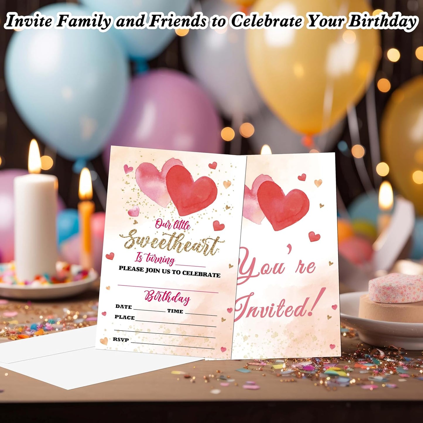 Sweetheart Birthday Invitations, 20 Invitation Cards with Envelopes, Pink Gold Hearts Valentine's Invites for Party Decorations Favor Supplies - A08