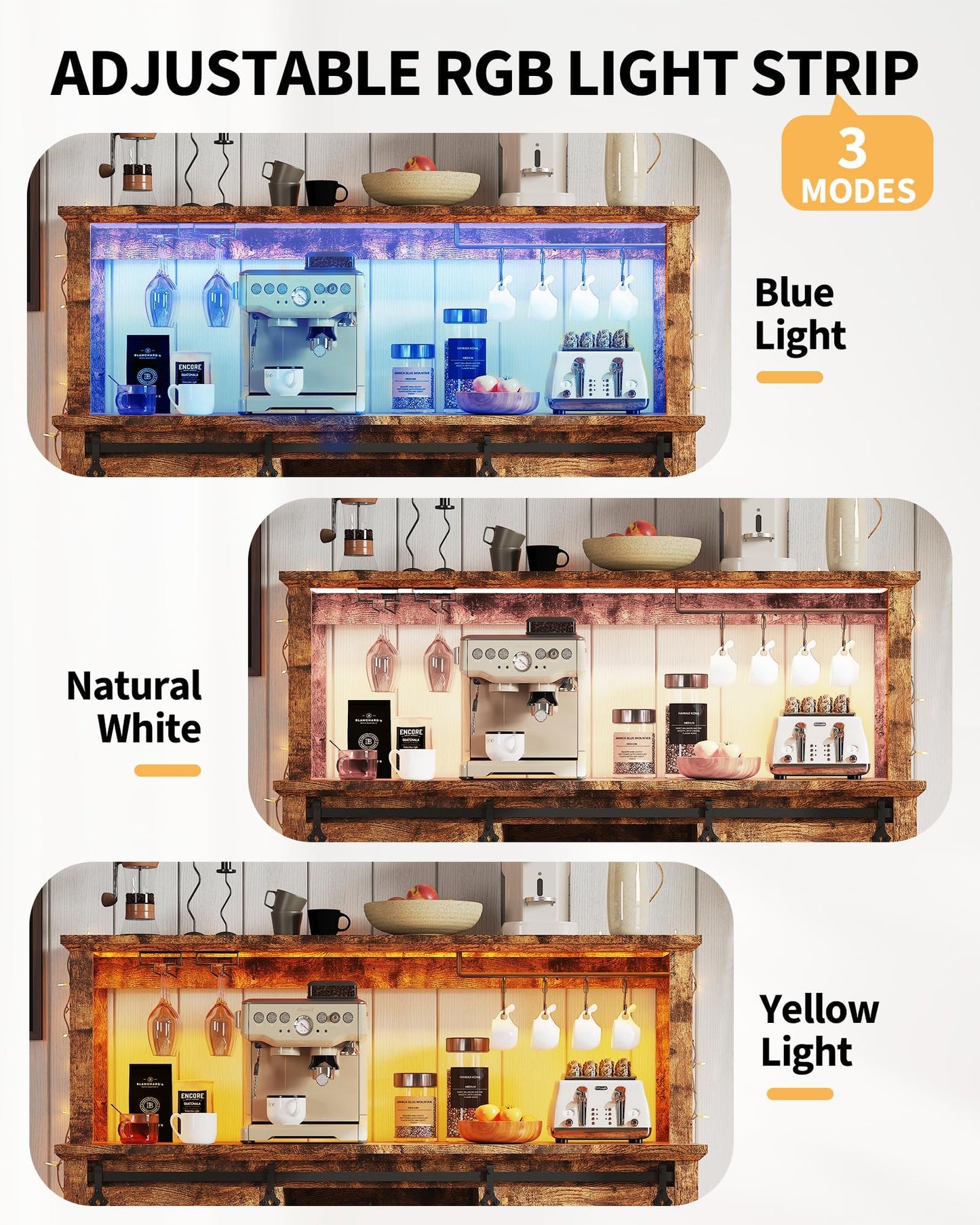 IDEALHOUSE 55" Farmhouse Coffee Bar Cabinet with Power Outlet & LED Light - Sliding Barn Door Buffet with Removable Wine Rack, 2-Tier Drawers, for Kitchen, Dining & Living Room, Brown