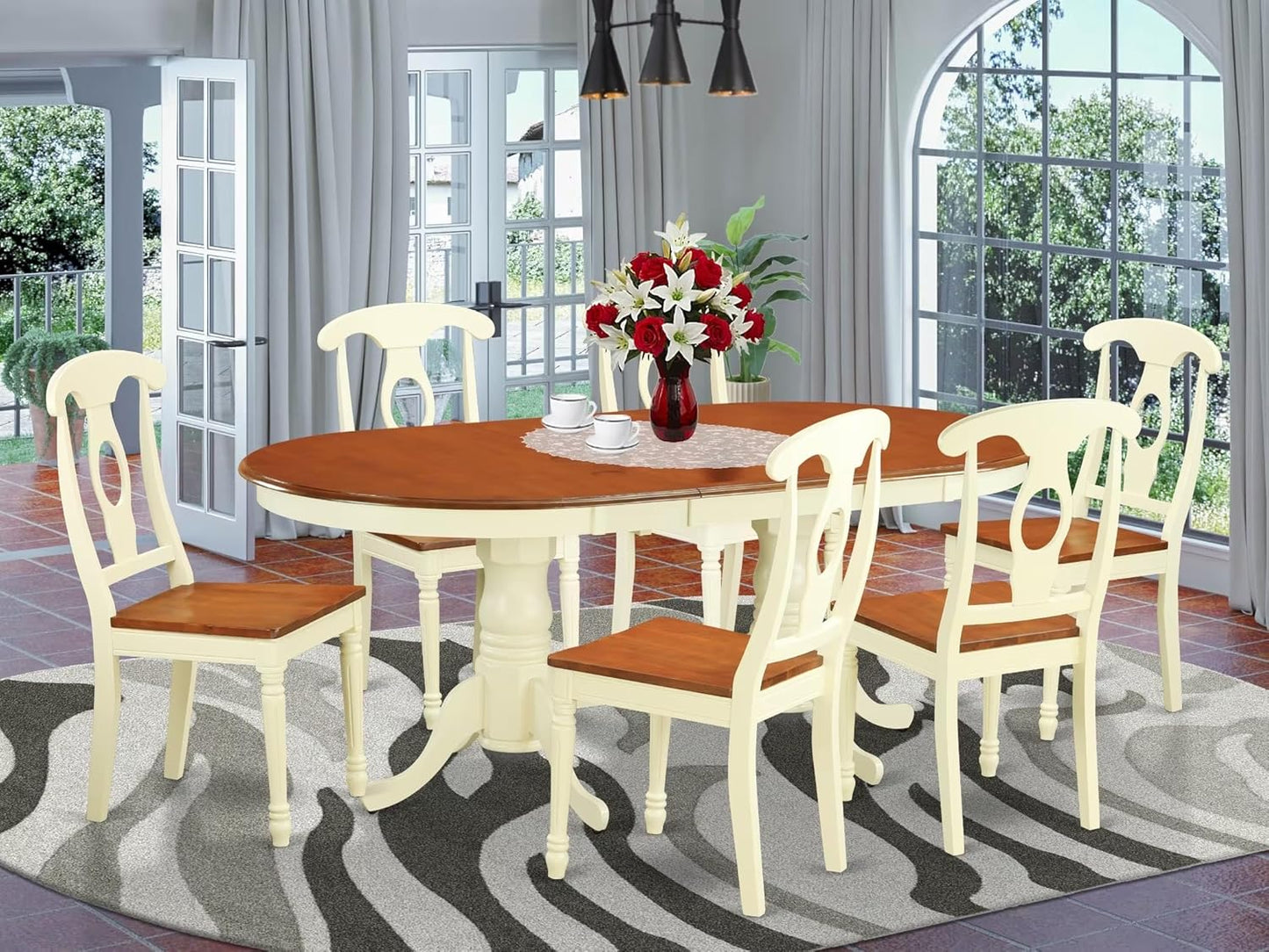 East West Furniture PLKE7-WHI-W 7 Piece Modern Dining Table Set Consist of an Oval Wooden Table with Butterfly Leaf and 6 Dining Chairs, 42x78 Inch, Buttermilk & Cherry