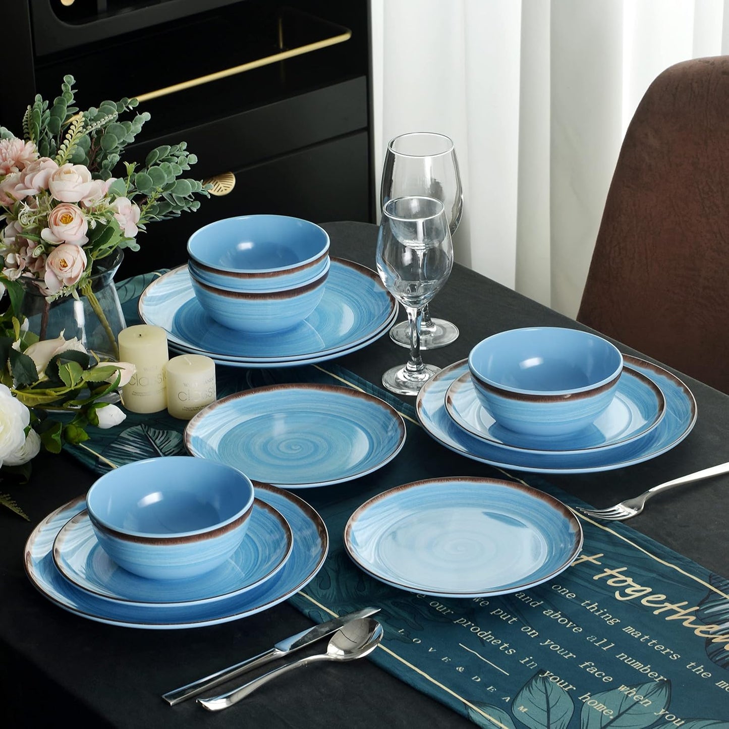 Melamine Dinnerware Set, Plates And Bowls Sets for 4, 12PCS Blue Color Dinnerware Sets, Unbreakable Dinnerware Dishwasher Safe BPA Free(Blue)