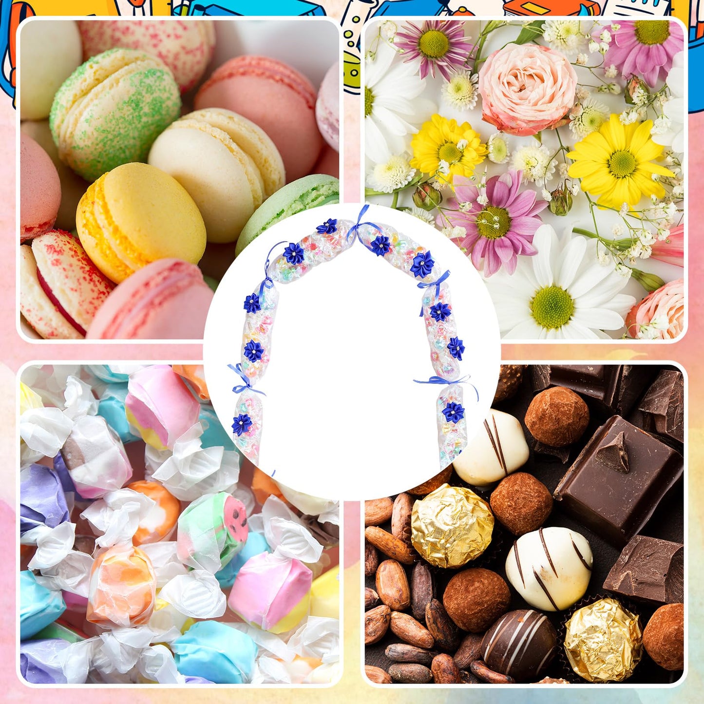 Whaline Graduation Candy Lei Making Kit, Blue DIY Graduation Wreath 26.2Ft Candy Lei Tubing Bags 50Pcs Flower Pieces 3 Roll Ribbons Congrats Grad Necklace for Grad Party Craft Favor