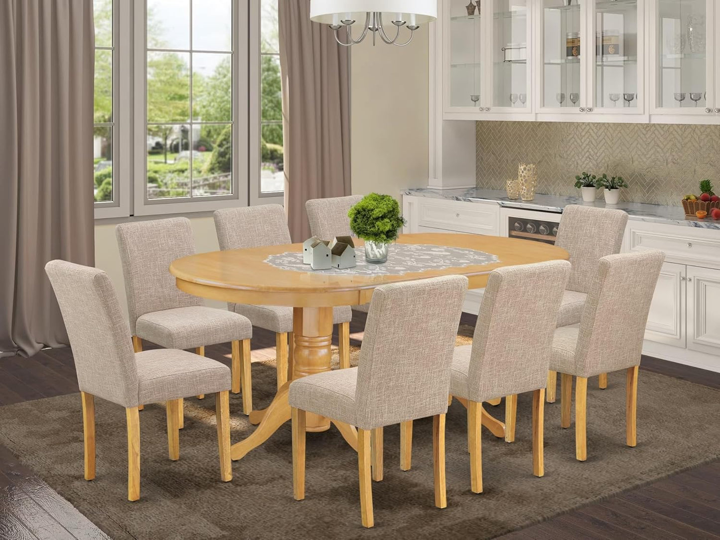 East West Furniture VAAB9-OAK-04 9 Piece Dining Table Set Includes an Oval Dining Room Table with Butterfly Leaf and 8 Light Tan Linen Fabric Parsons Chairs, 40x76 Inch, Oak