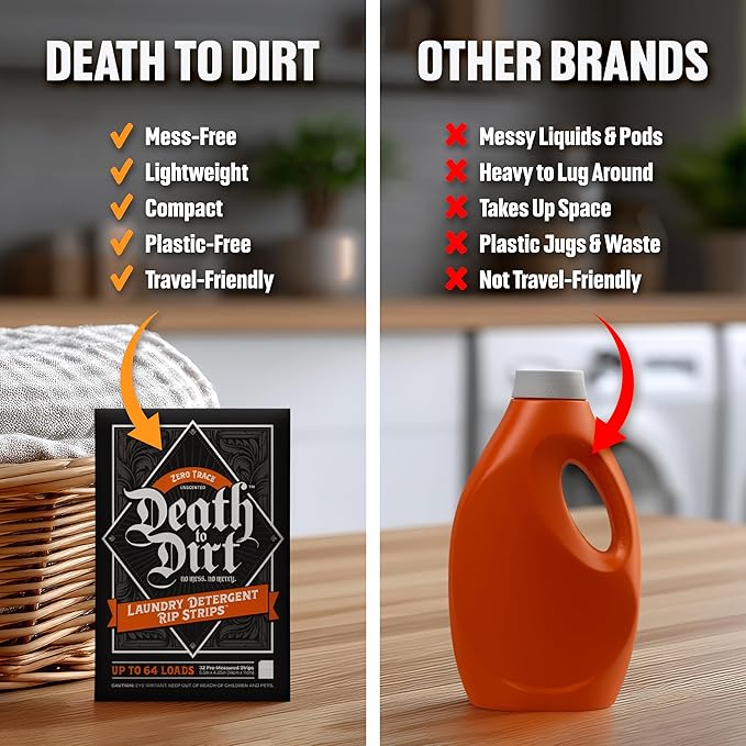 Death to Dirt Laundry Detergent Sheets, 64 Loads, Tough on Stains and Odors, Gentle on Skin and Fabric, Plant-Based & Eco-Friendly, Zero Trace Unscented, 32ct