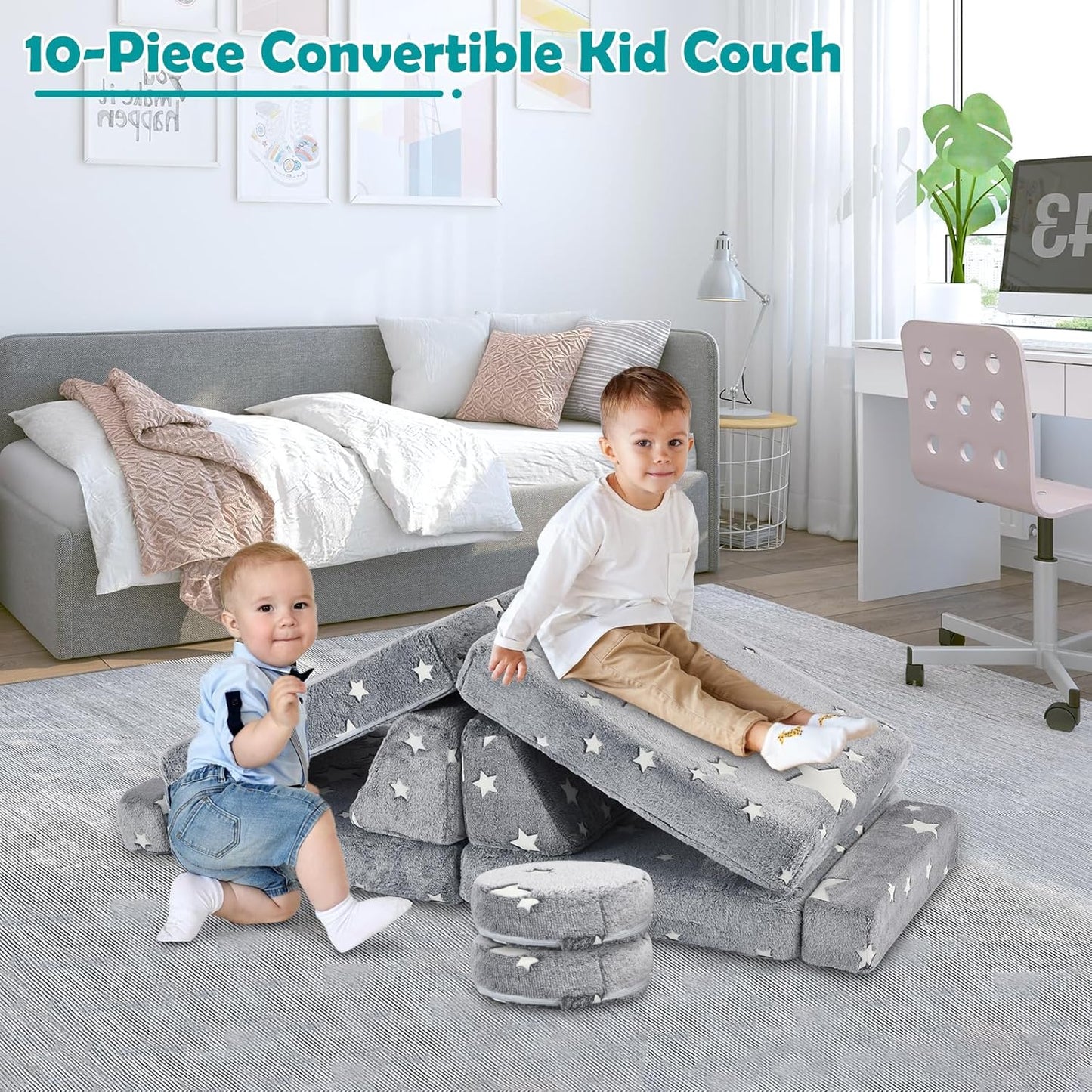 10Pcs Kids Play Couch,Toddler Sofa,Modular Kids Couch for Playing, Creativing, Sleeping (Luminous Color)