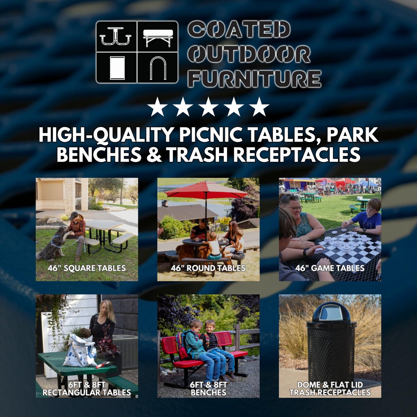 COATEDOUTDOORFURNITURE Heavy-Duty Portable Outdoor Picnic Table with Umbrella Hole, Expanded Metal Commercial-Grade Patio Dining Furniture Made in America (46" Square Top, Textured Green)
