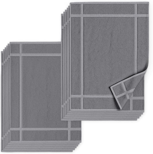 Pearl Linens Pack of 12 Washable Cotton Bath Mat 18x25 - Soft & Absorbent Quick Dry Bathroom Mat Set, Not Bathroom Rugs After Shower Mat, Terry Bath Tub Mat, 687 GSM Light Grey