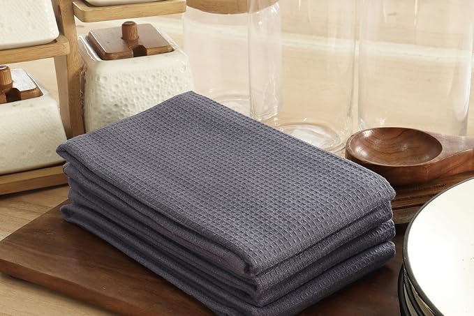 PurpleEssences Waffle Weave Kitchen Towel, 100% Cotton, 15x25 Inches, with Hanging Loop Ultra Soft Absorbent Quick Drying Dish Cloth, Tea and Hand Towels, 6 Pack - Christmas Holiday Winter - Dark Grey