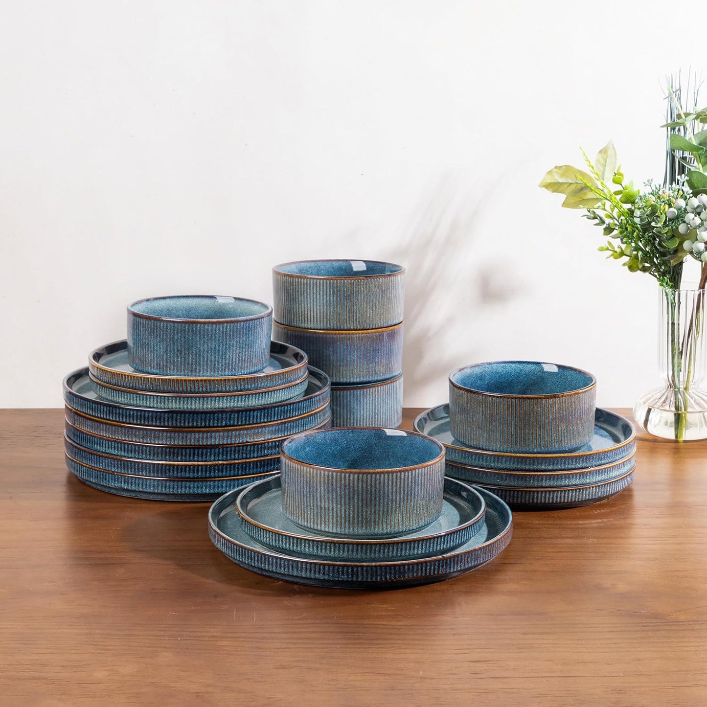 GBHOME Stoneware Dinnerware Sets for 6,Round Reactive Glaze Ceramic Plates and Bowls Set,Highly Scratch Resistant | Dishwasher & Microwave Safe Dishes Set,Service for 6(18Pcs)