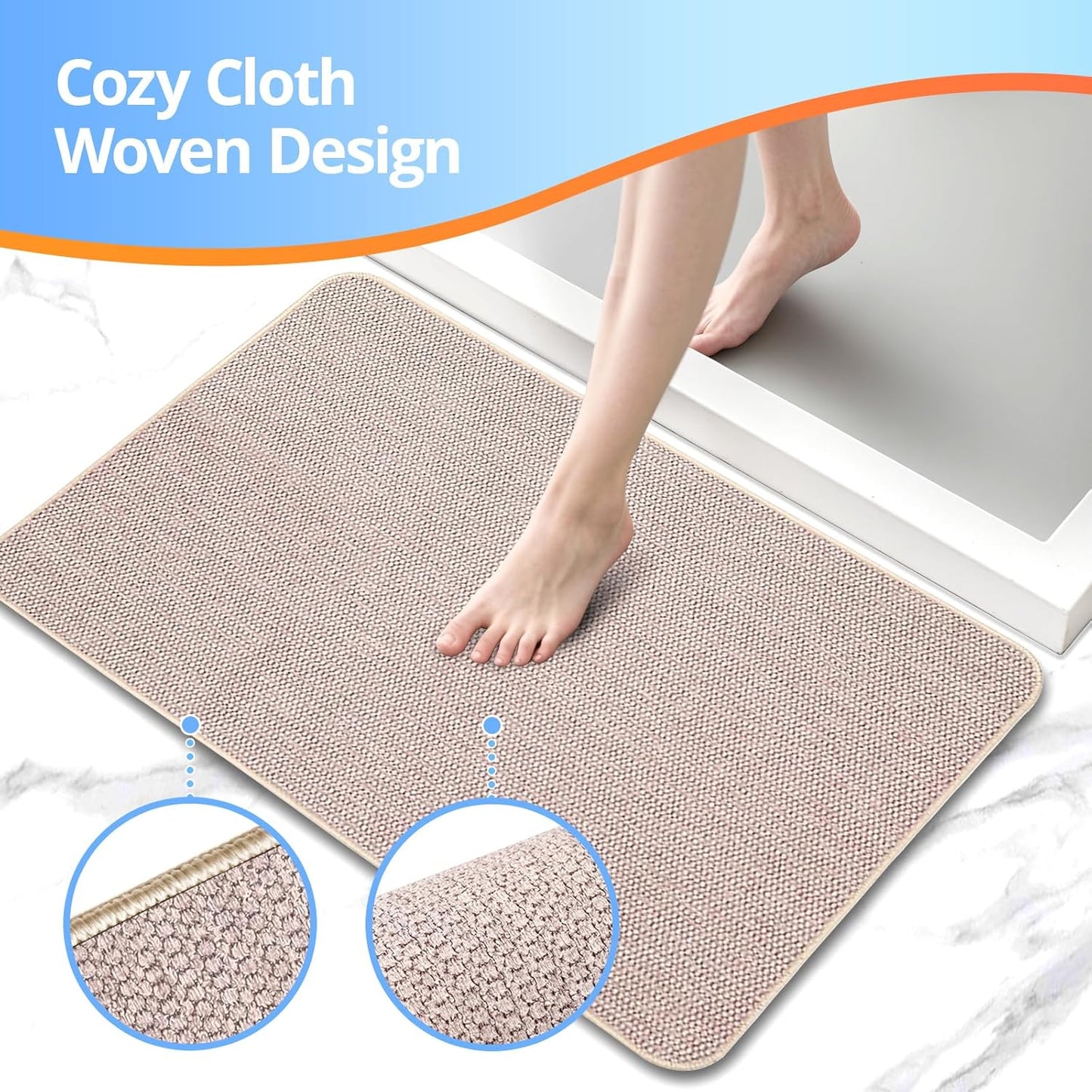 2 Pack Area Rug Sets 17x27Inch, Thin Bath Mat with Rubber Backing Non-Slip, Absorbent,Quick Dry Machine Washable, Home Decor Accessories Cozy Cloth Bathroom Mat fit Under Door/Sink/Tub/Shower-Biege