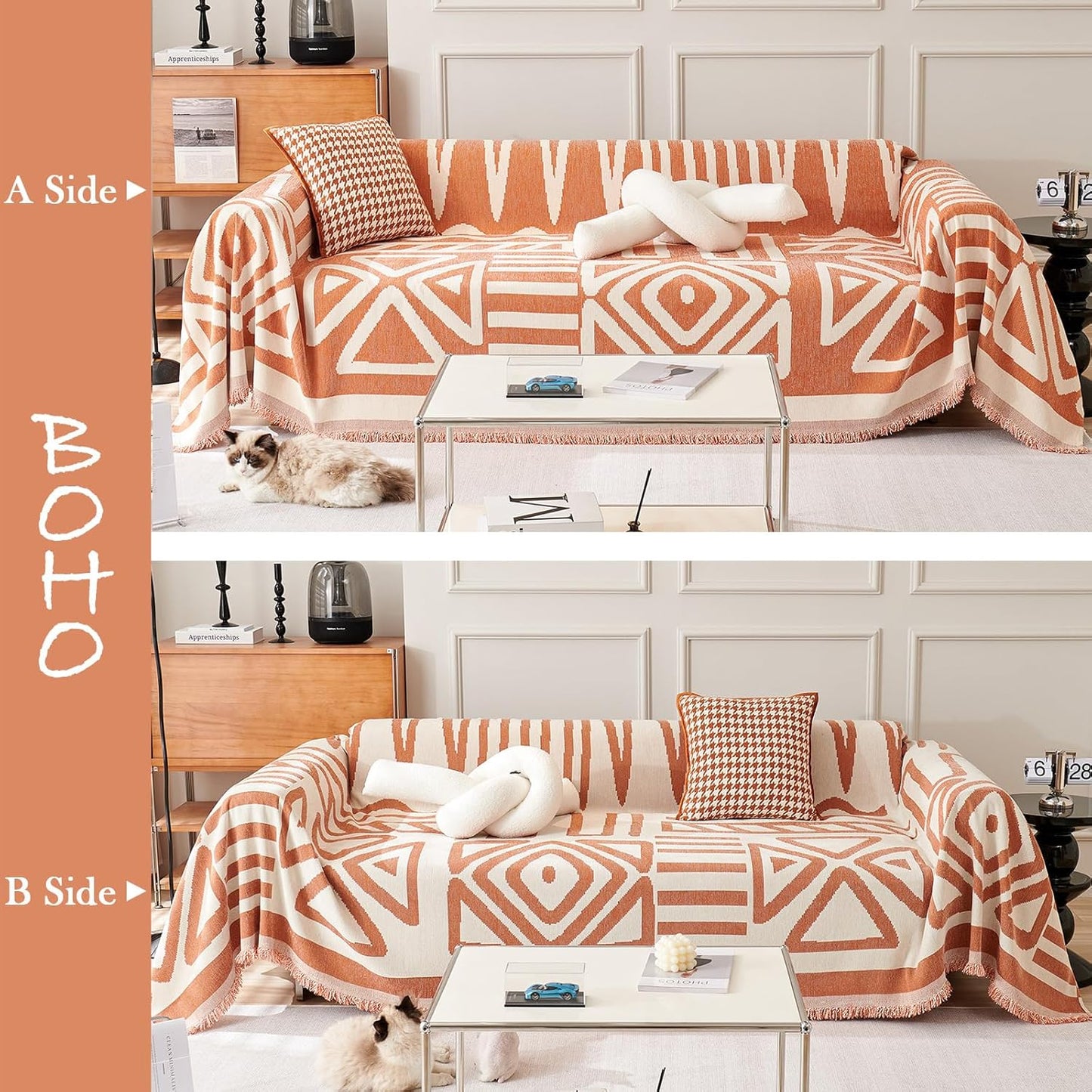 HANDONTIME Orange Sofa Covers for Couch Loveseat Covers Soft Chenille Couch Cover for Dogs Sofa Covers for 3 Cushion Couch Boho Sofa Throw Cover Pet Couch Furniture Protector Thick Washable 71" X134"