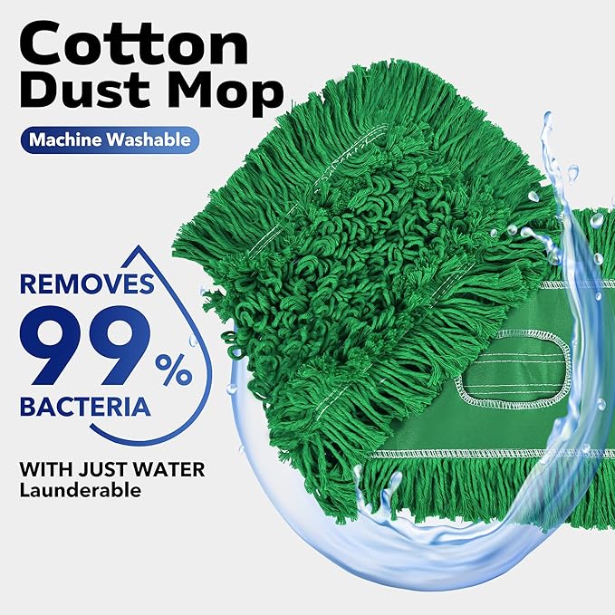 Matthew Cleaning 36'' Industrial Strength Cotton Dust Mop Refill Washable Replacement Heads for Residential & Commercial Use Fit Standard Dust Mop Frames, Hardwood, Concrete Floors Green 12 Pack