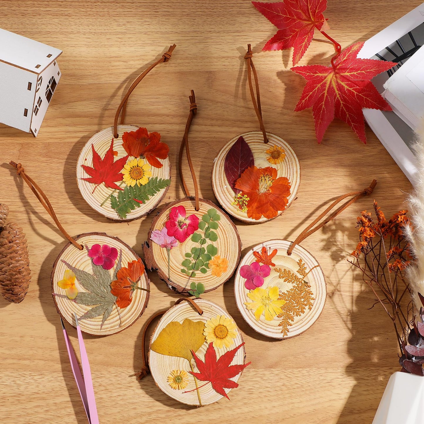 Maasechs 20 Set Spring DIY Wooden Crafts with Dried Pressed Flowers Leaves Unfinished Wood Slices Hanging Ornaments for Art Project Craft Wedding Home Decoration Gifts(Warm)