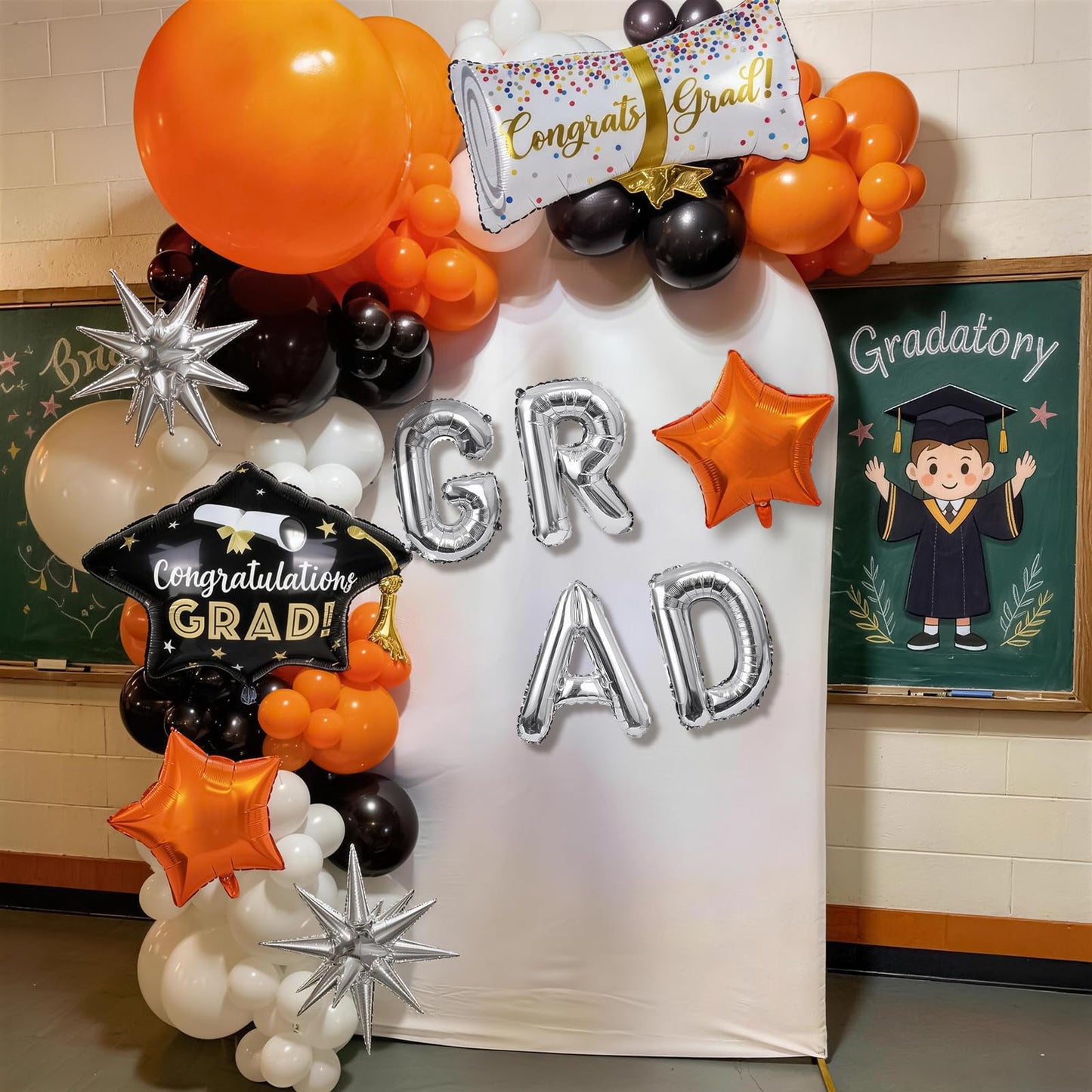 Orange Graduation Balloons Garland Arch Kit, 117PC Orange Black White Graduation Star Print Certificate Grad Foil Balloon with Silver Explosion Star Balloon for Graduate Class of 2026 Prom Party Decor