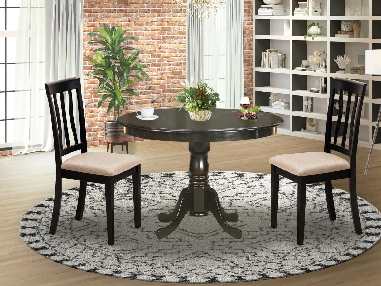 East West Furniture HLAN3-CAP-C 3 Piece Dining Table Set for Small Spaces Contains a Round Dining Room Table with Pedestal and 2 Linen Fabric Upholstered Chairs, 42x42 Inch, Cappuccino