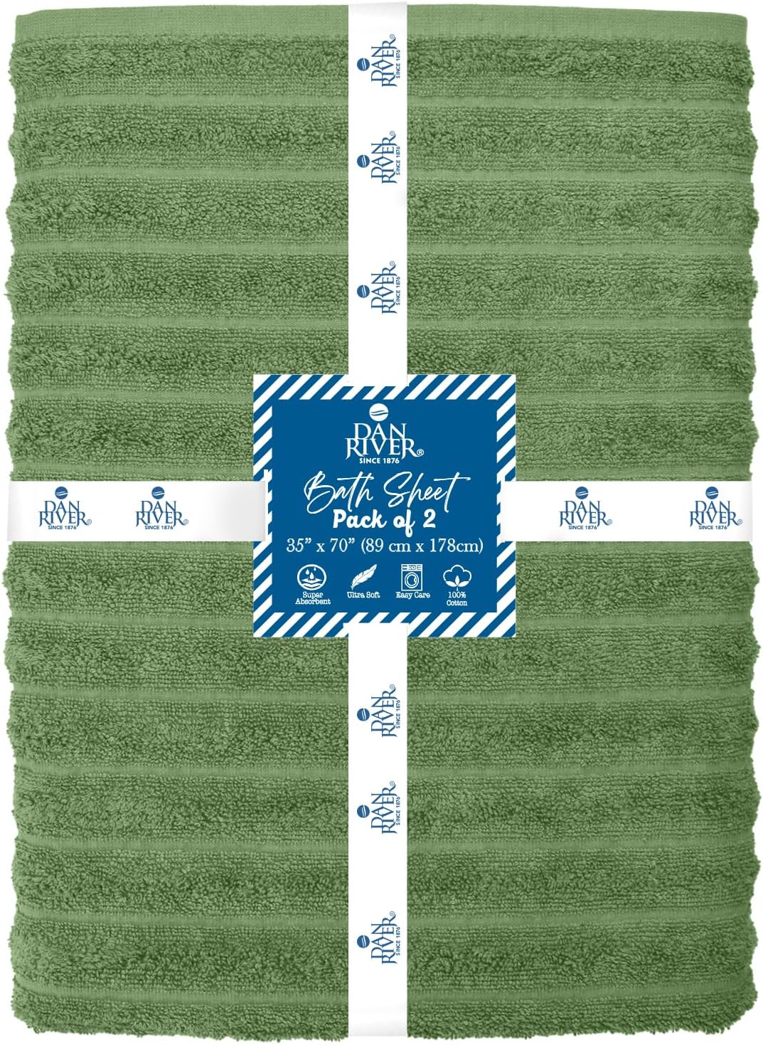 DAN RIVER Pack of 2 Bath Sheet 35x70 Inches, Extra Large Ribbed Quick Dry Bath Towels for Bathroom, Soft Absorbent Towels - Sage Green