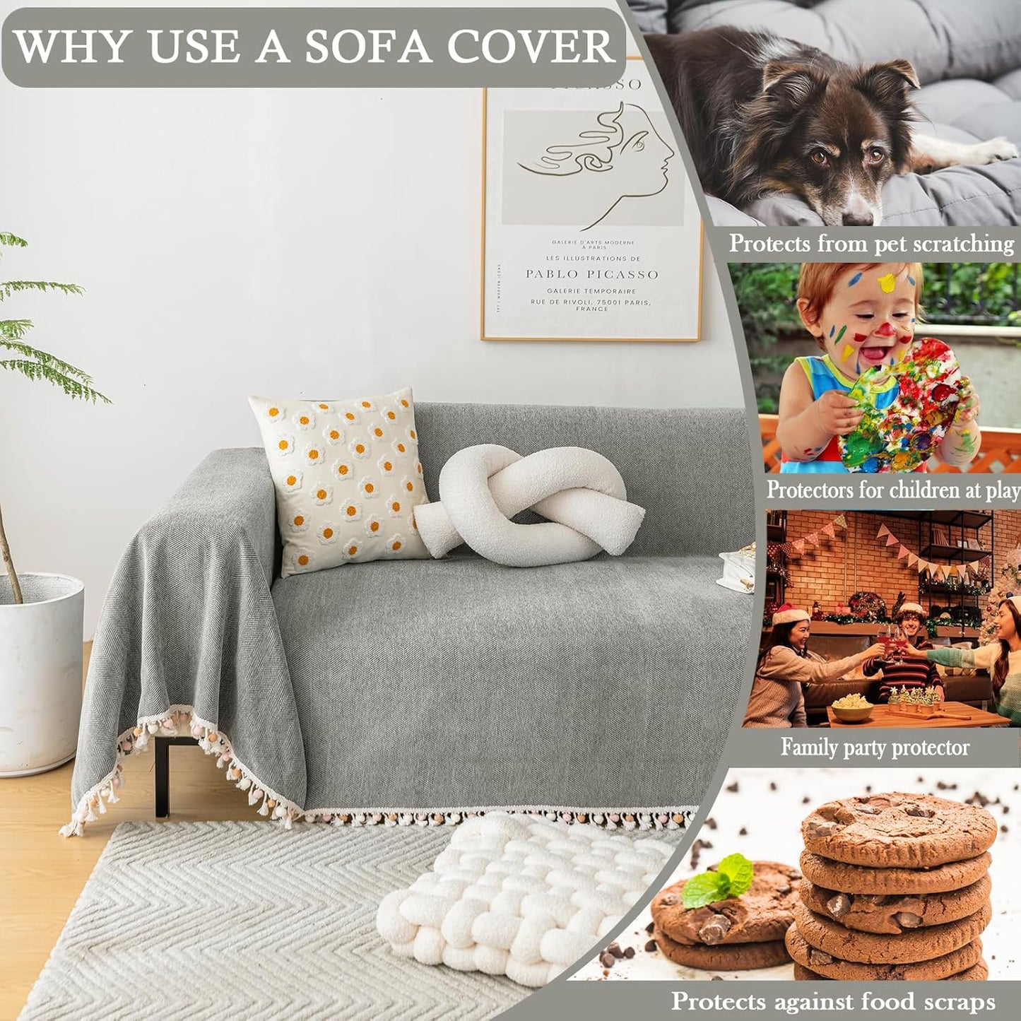HANDONTIME Dark Grey Slipcover for Sofas - Boho Pet Couch Protector With Tassel - Chenille Herringbone Cover for 2-3 Seat Sofa - 91" X 134"