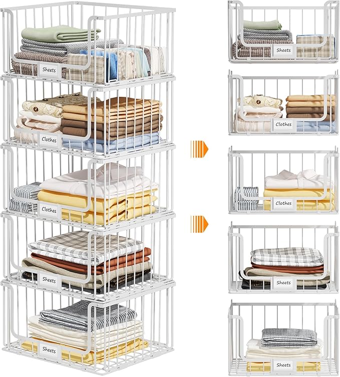 5-Tier Stackable Closet Organizers and Storage, Clothes Shelf Organizer, Foldable Wire Basket Bins, Sweater Storage for Closet and Pantry,11.8" D x 15.7" W, White