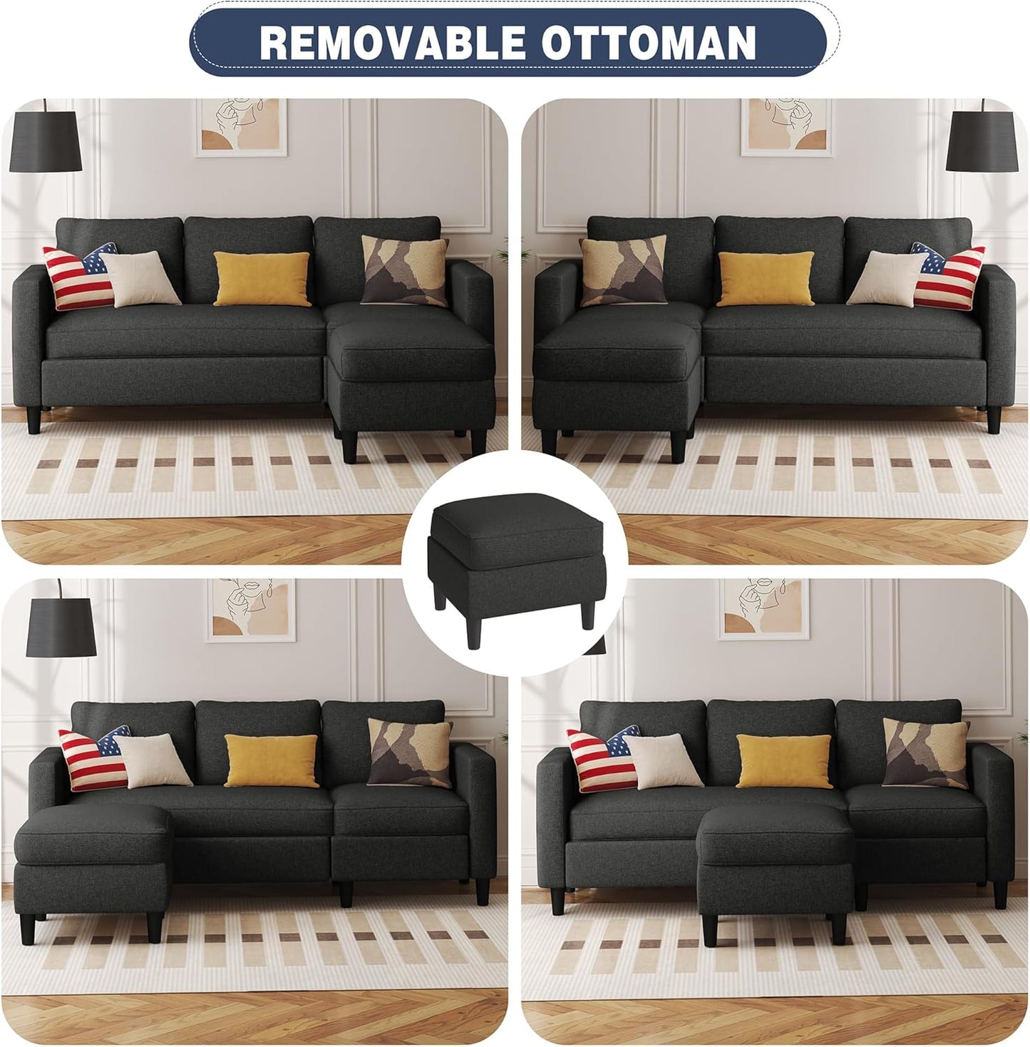 Small Sectional Sofa Couch, 3 Seat L Shaped Couches with Ottoman, Upholstered Fabric Convertible Sofa, Small Couch for Apartments, Living Room and Office (Black)