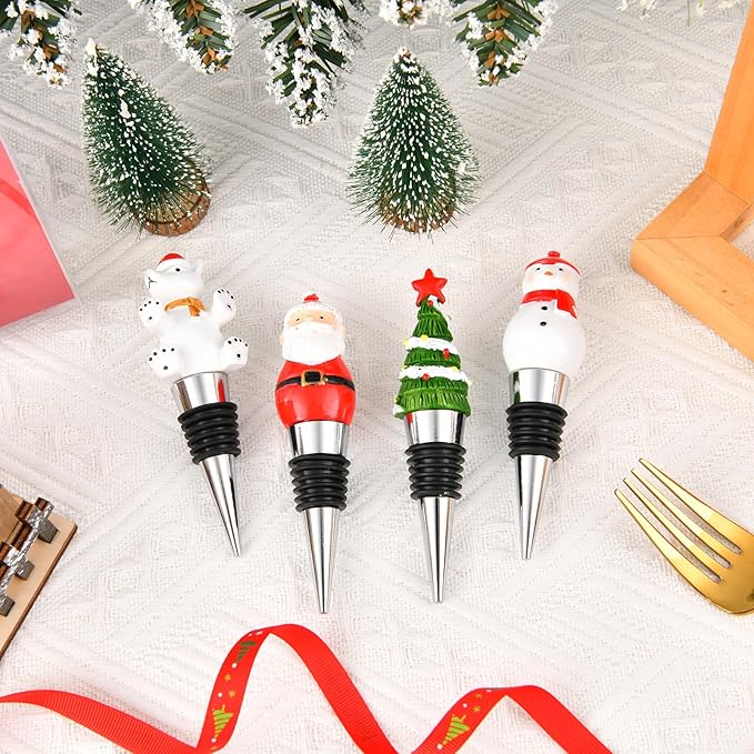 Set of 4 Resin Wine Bottle Stoppers for Christmas Holiday Decoration, Handmade Wine Stoppers for Xmas, Wine Gift for Hostess Cute Wine and Beverage Corker Bottle Sealers