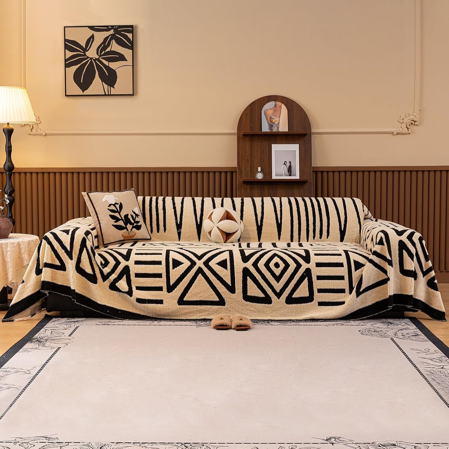 HANDONTIME Boho Sofa Covers for Dogs - Black and White, Beige Velveteen Couch Covers for 3 Cushion Sectional L-Shaped Couch - 71" x 150"