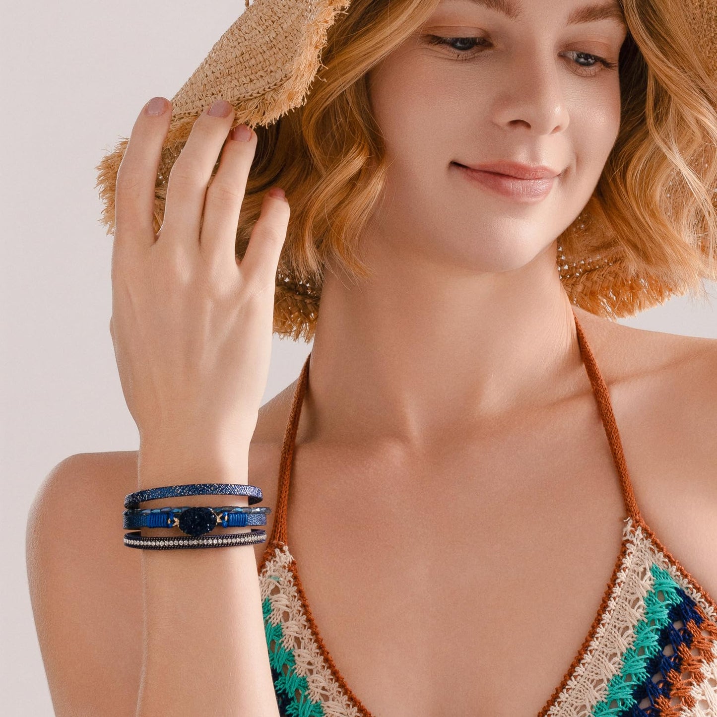 FANCY SHINY Boho Leather Wrap Bracelet Stackable Chunky Crystal Cuff Bracelets with Magnetic Clasp Cowboy Cowgirl Western Summer Beach Outfits Jewelry Gifts for Women (7.7", Navy Blue)