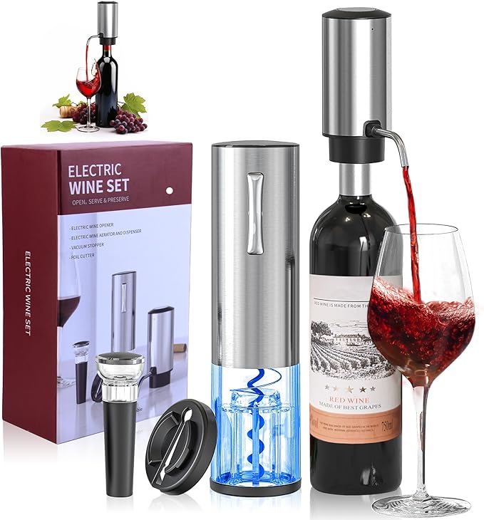 4-in-1 Rechargeable Electric Wine Opener Wine Aerator Gift Set with Electric Wine Decanter, Wine Stopper, Foil Cutter, Automatic Electric Wine Bottle Opener for Home Bar Parties, Stainless Steel