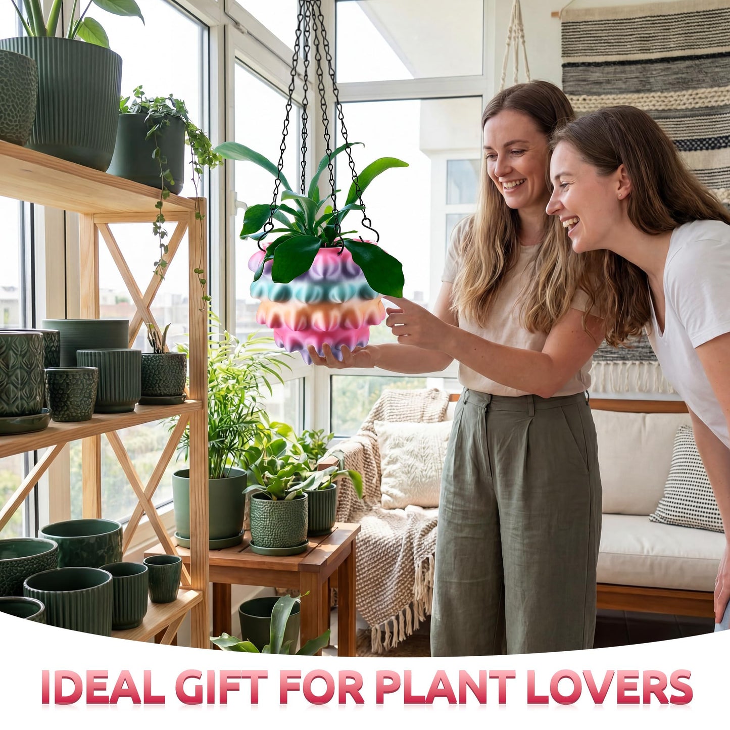 Enhon 7 Inch Hanging Planters for Indoor Plants, Unique Hanging Pots for Plants with Drainage and Hanger Baskets Hangers, Spiked Orb Plant Hanger, Silky Rainbow Finish