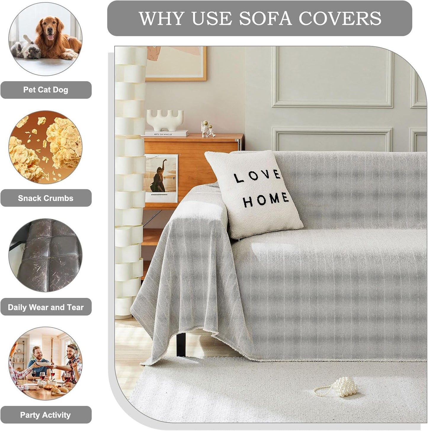 STACYPIK Silver Gray Chenille Sofa Cover for Dogs, Jacquard Multi-Use Couch Covers, Pet Protector for 2 Cushion Couch with Tassel, Washable Loveseat Cover for Sectional, L Shaped Couch Cover-71X118IN