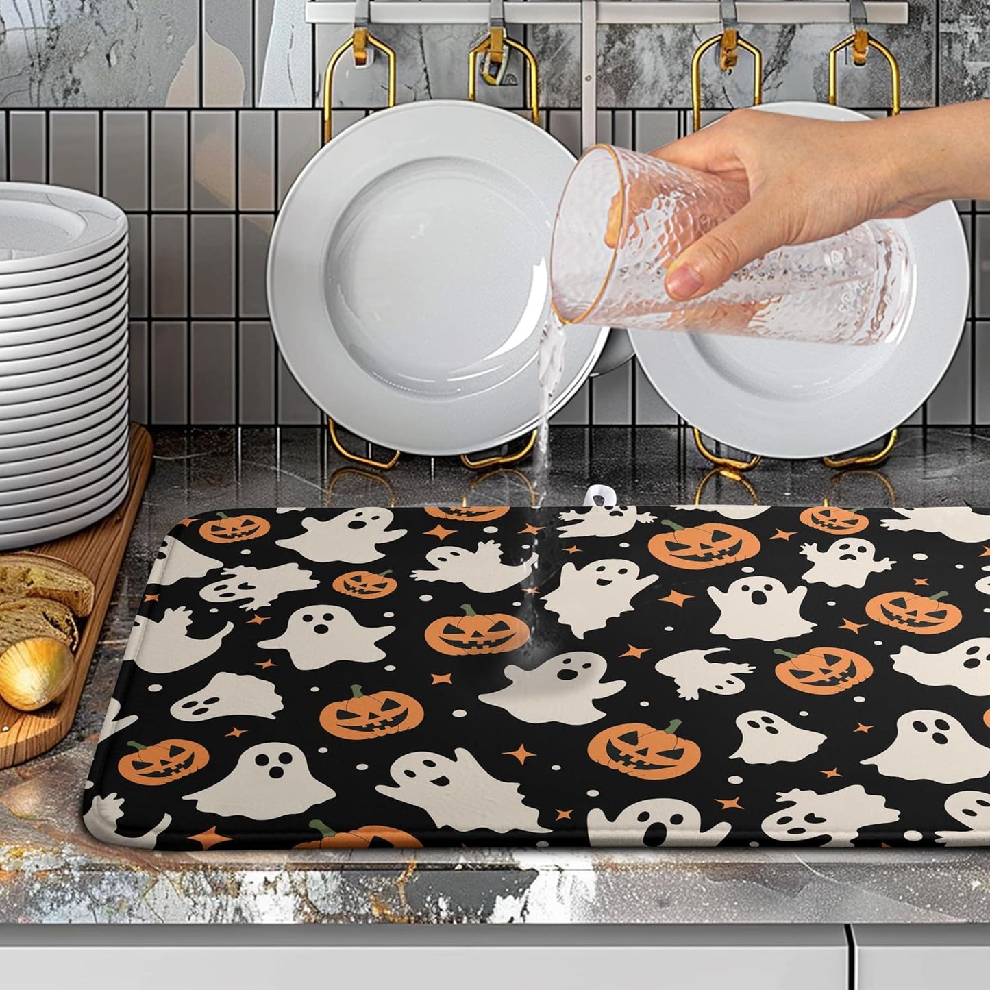 Halloween Dish Drying Mat for Kitchen Counter Pumpkin Spooky Ghosts Fall Dish Mat Absorbent Microfiber Reversible Dish Draining Mat Extra Large Dishes Pad 18 X 24 Inch