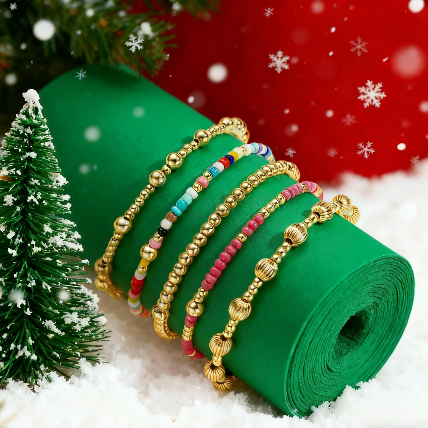 Dainty 14K Gold Plated Beaded Bracelet Stack for Women,Bohemian Stretch Colorful Beads Non Tarnish Stackable Bracelets Set Fashion Party Prom Accessories Jewelry Gift Friendship