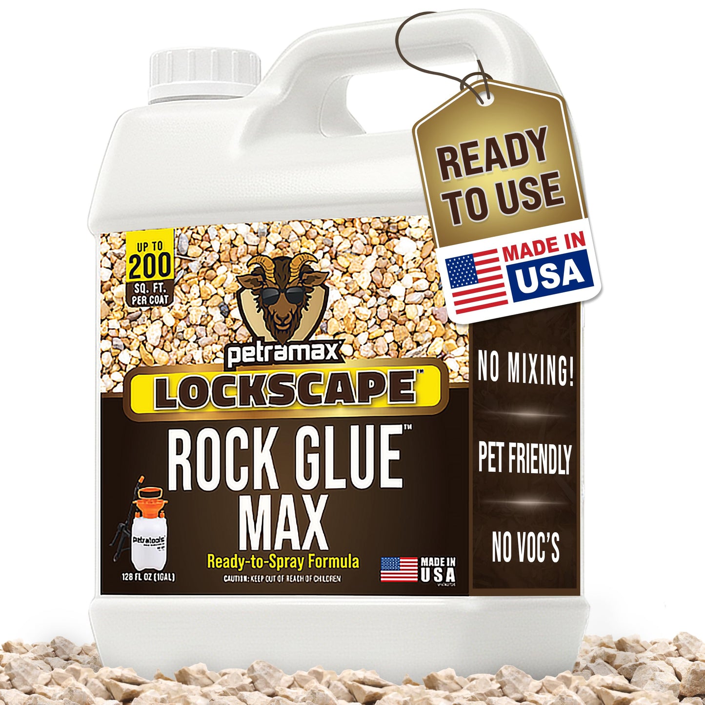 PetraMax Lockscape Rock Glue for Landscaping, 1 Gal (Made in USA) - 100% Permeable & Pet-Safe Landscape Adhesive for Stones & Pebbles - Ready to Spray Pea Gravel Binder & Mulch Glue for Landscaping