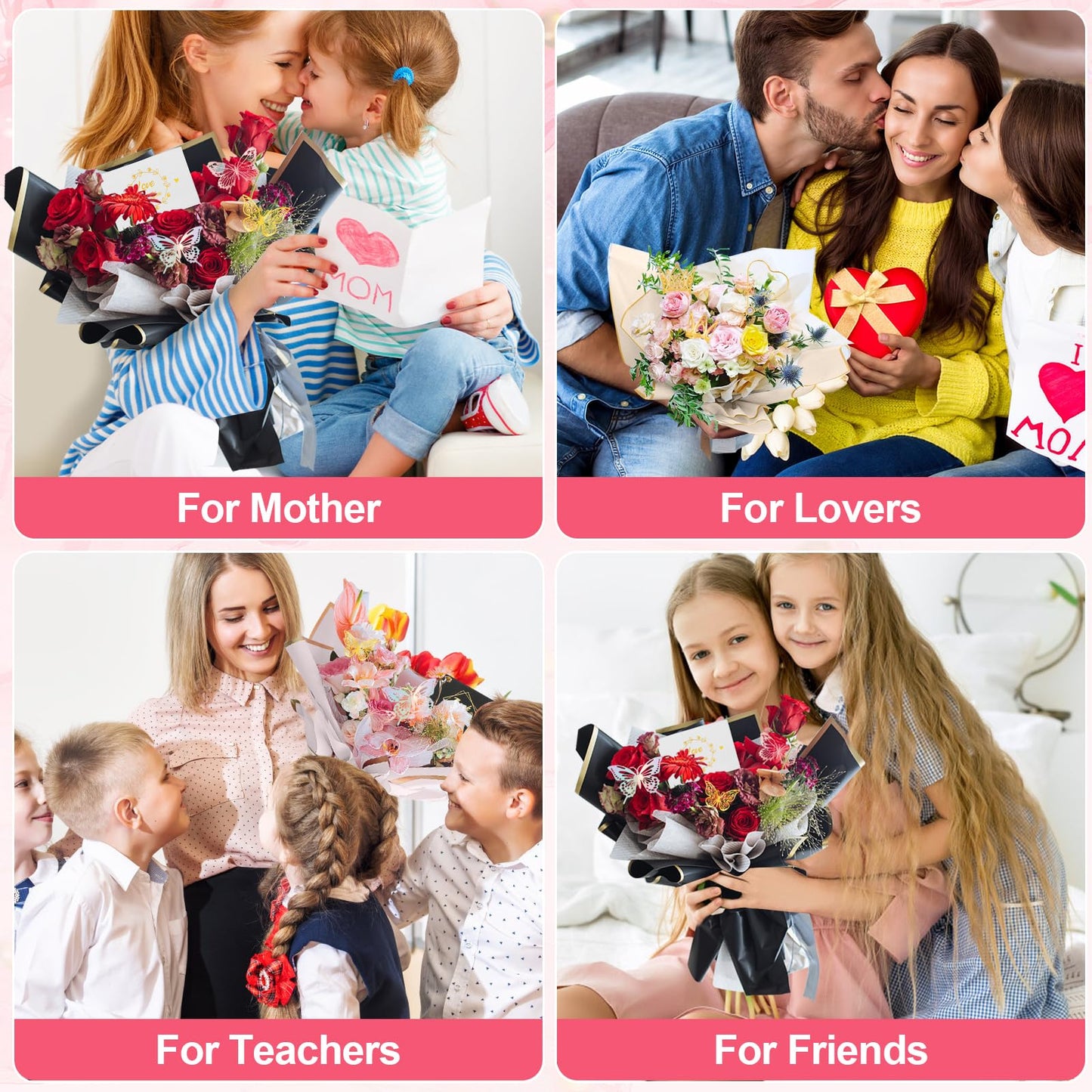 VinTS 167Pcs Floral Bouquet Wrapping Paper Waterproof Flower Wrapping Paper 66 Sheets 6 Colors with Ribbons 3D Butterfly,Golden Crowns for Valentines Florist DIY Project Bouquet Flower