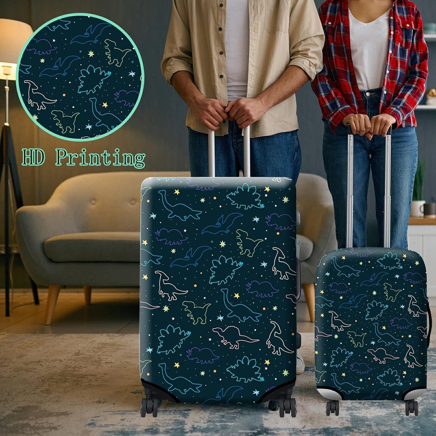 Luggage Cover Suitcase Protector Plus 1 Luggage Tag, Dinosaurs Space Travel Suitcase Cover Suitable for 29-30 inch Luggage (XL) with Concealed Zipper Washable Elastic Cloth Dustproof Anti-Scratch