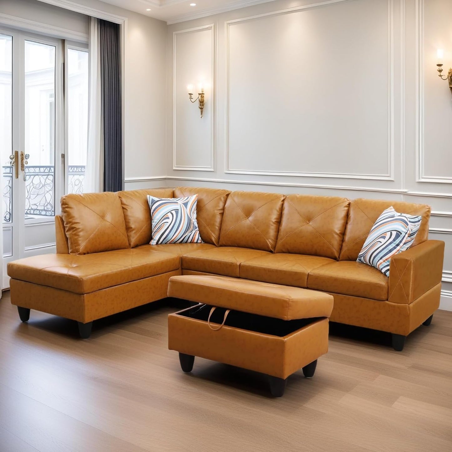 Leather Sectional Couch, Modern L Shaped Couches for Living Room, Comfy 4 Seat Modular Sectional Sofa with Ottoman Storage for Bedroom Apartment, Orange