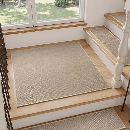 PADOOR Stair-Treads Landing Mat Non Slip Indoor, Square Stair-Runners for Wooden Steps Rubber Backing, Reusable Carpet Stair Treads, Durable Stair-Carpet Treads for Kids and Dogs 31"x31" Beige