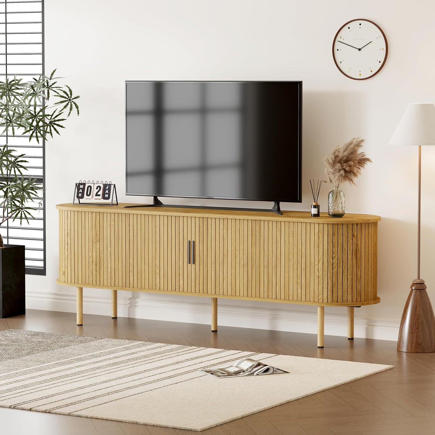 GarveeHome 70.1" TV Stand, Modern TV Console Table with Storage Compartment and Sliding Door, Gaming Entertainment Center with Cabinet for Living Room, Bedroom, Office, Oak