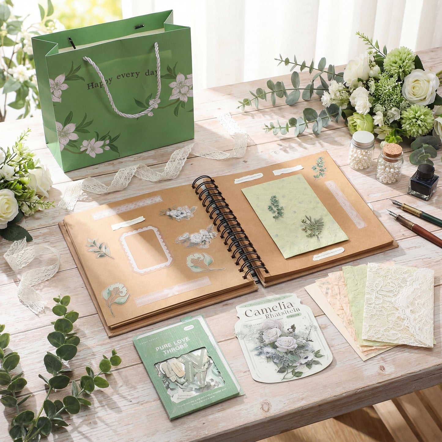 Wedding Guest Book Letters to The Bride Scrapbook, Wedding Planner Book and Organizer with DIY Blank Paper Photo Album and Flower Stickers, Decorative Paper, Slips, Photo Frames, Adhesive Strips