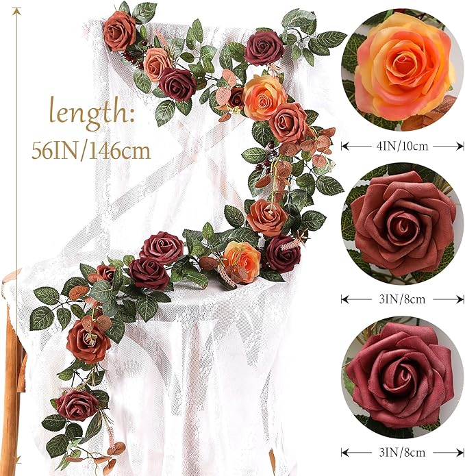 5FT Terracotta Artificial Flower Garland Fall Floral Garland Burnt Orange Arch Rose Vine for Wedding Ceremony Party Backdrop Decor Arch Flowers Mantel Table Centerpieces Decorations